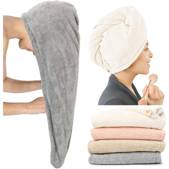 Extra Large 4 Pack Microfiber Hair Towel Wrap for Women Super Absorbent & Quick Dry Hair Drying Towels with Button, Hair Turbans for Curly Hair Long & Short Hair - Anti-Frizz