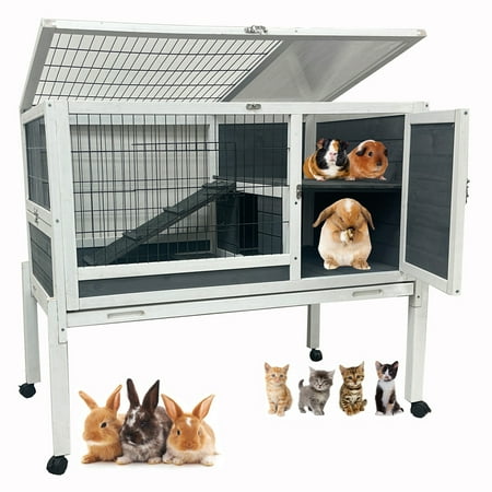 Extra Large 40" Deluxe In/Outdoor Double Story Guinea Pig Cage Rabbit Wooden Hutch on Rolling Wheels, House with Ramp and Hideout Room, Small Animals Home with NO Leak and Washable Pull Out Tray