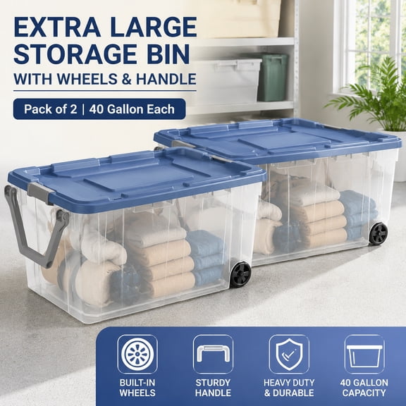 Extra Large 40 Gallon Wheeled Plastic Storage Bin with Handle, Pack of 2, Clear and Blue Durable Storage Containers for Home and Garage Organization