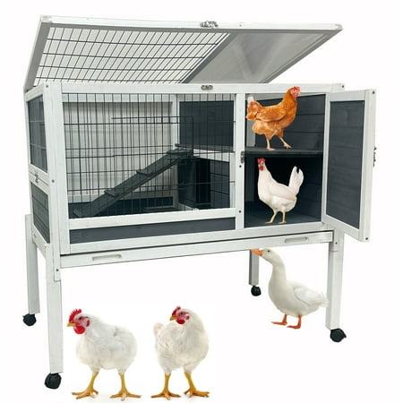 Extra Large 40" Two Story In/Outdoor Rabbit Hutch Chicken Hen Duck Coop Guinea Pig Cage On Wheels Cat Penthouse Home With Deep Pull Out No Leak Tray Waterproof Roof