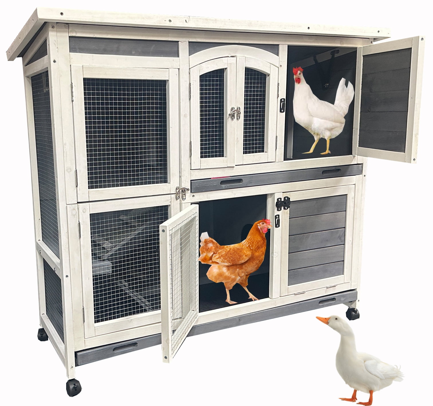 Extra Large 42 Full Two Story In Outdoor Rabbit Hutch Chicken Hen Duck Coop Guinea Pig Cage On Wheels Cat Penthouse Home With 2 Deep Pull Out No Leak Tray Waterproof Roof