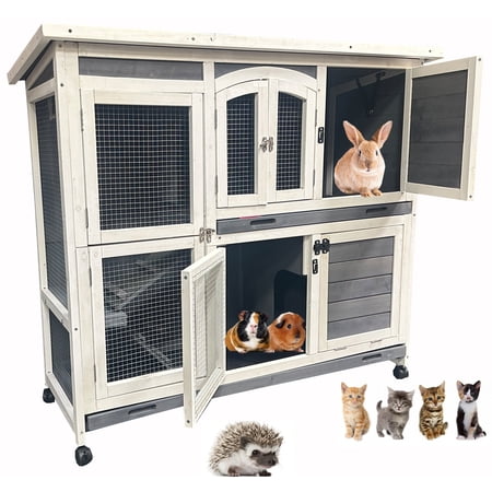 Extra Large 47" Full Two Story Deluxe In/Outdoor Guinea Pig Cage Rabbit Wooden Hutch on Rolling Wheels, House with Ramp and Hideout Room, Small Animals Home with NO Leak and Washable Pull Out Tray