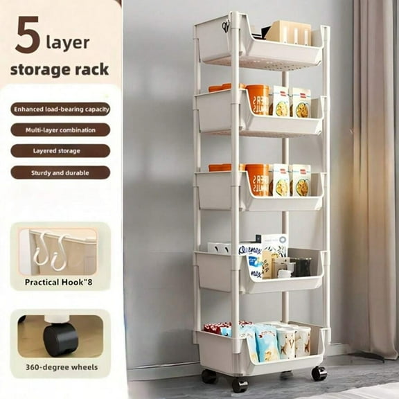 Extra Large 5 Layer Wheeled Mobile Storage Cart - White Plastic Multi-Layer Storage Rack, Suitable For Optimizing Living Room, Bedroom
