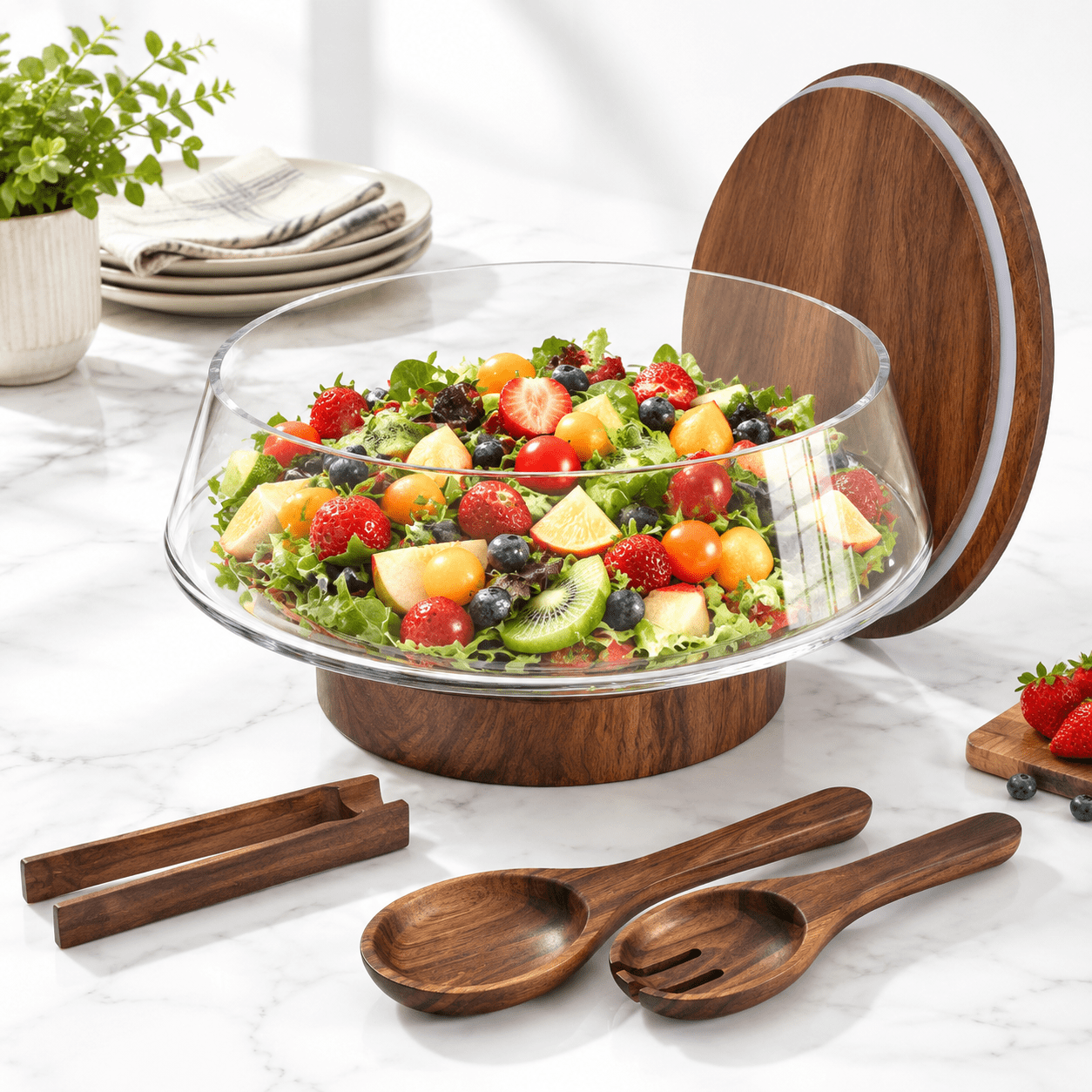 Extra Large 5-Quart Salad Bowl Set with Lid, Walnut Wood Base and ...