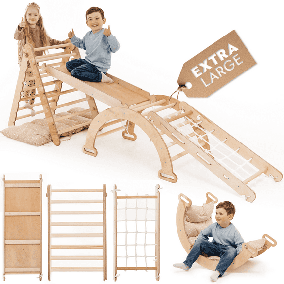 Goodevas 5-in-1 Wooden Montessori Indoor Climbing Frame with Triangle, Arch, Ramp, Net & Cushion, Ages 1-5