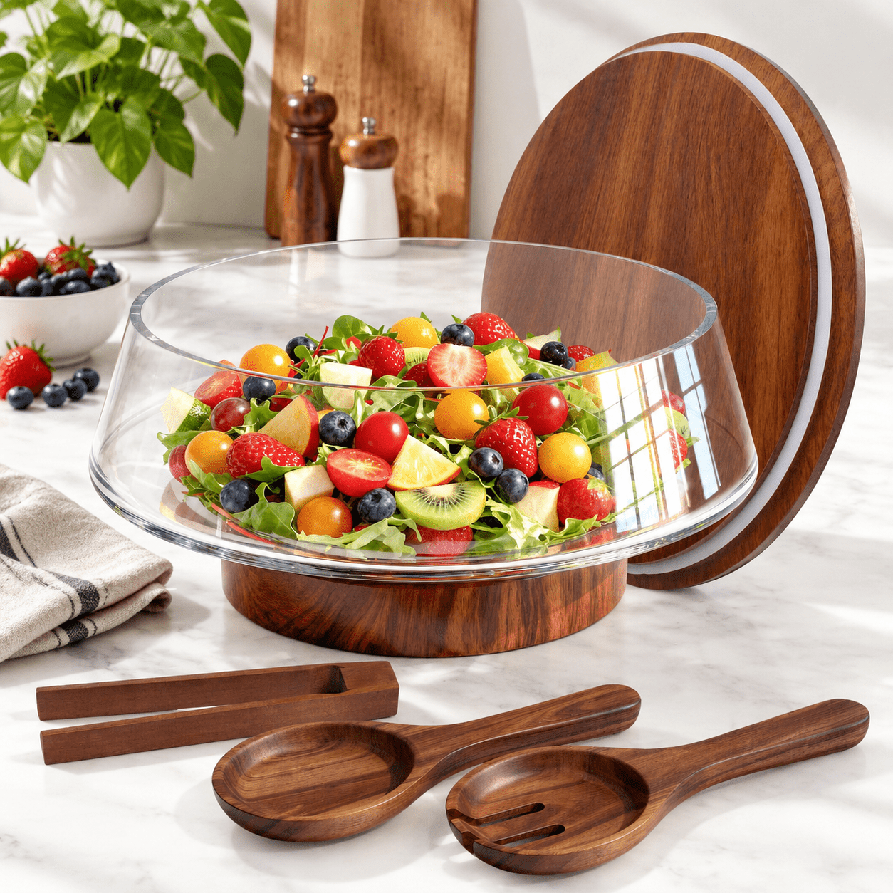 Extra Large 5-qt Salad Bowl Set with Lid, Walnut Wood Base and Servers ...