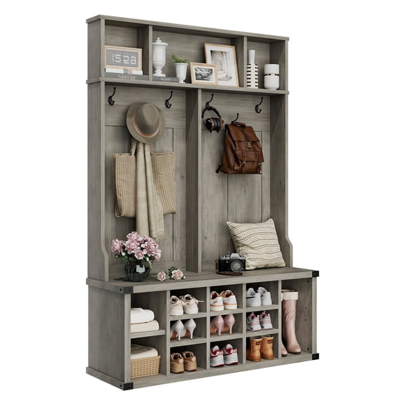 Extra Large 51" Hall Tree with Bench & Shoe Storage, Entryway Coat Rack Organizer with 12 Shoe Cubbies & 5 Double Hooks, Light Ivory Grey Finish