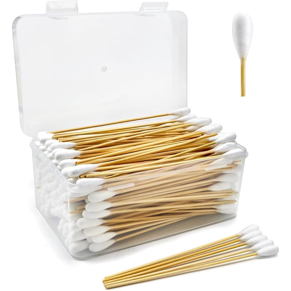 Extra Large 6 Inch Natural Cotton & Bamboo Cotton Swabs, Soft & Absorbent, Storage Box, 200 Count
