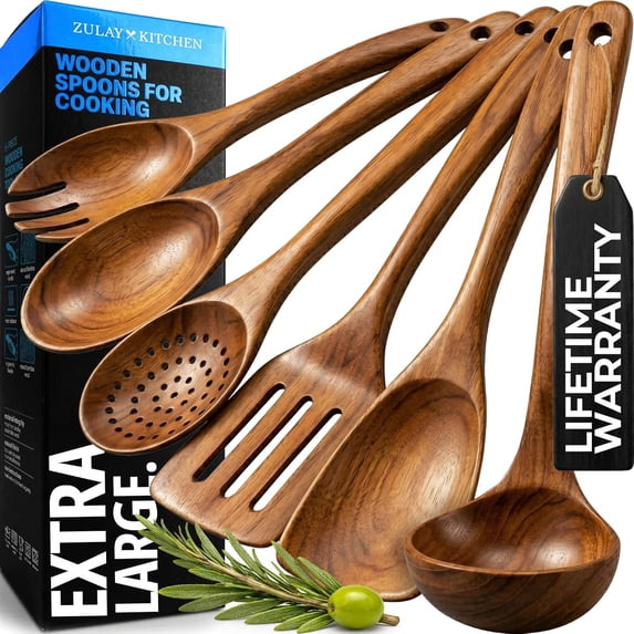 Extra-Large 6-Piece Wooden Spoon Set - Smooth Teak Cooking Utensils - Comfort-Grip Non-Stick Turner, Spatula, Skimmer, Fork, Serving Spoon