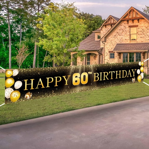 Extra Large 60th Birthday Banner 118x20 Inches, Over The Hill Party Decor for Men Women, Reble Yard Sign Diamond Jubilee Celebration Indoor Outdoor, Black Gold