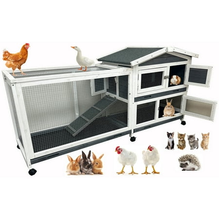 Extra Large 62" Two Story In/Outdoor Rabbit Hutch Chicken Hen Duck Coop Guinea Pig Cage On Wheels Cat Penthouse Home With 3 Deep Pull Out No Leak Tray Waterproof Roof