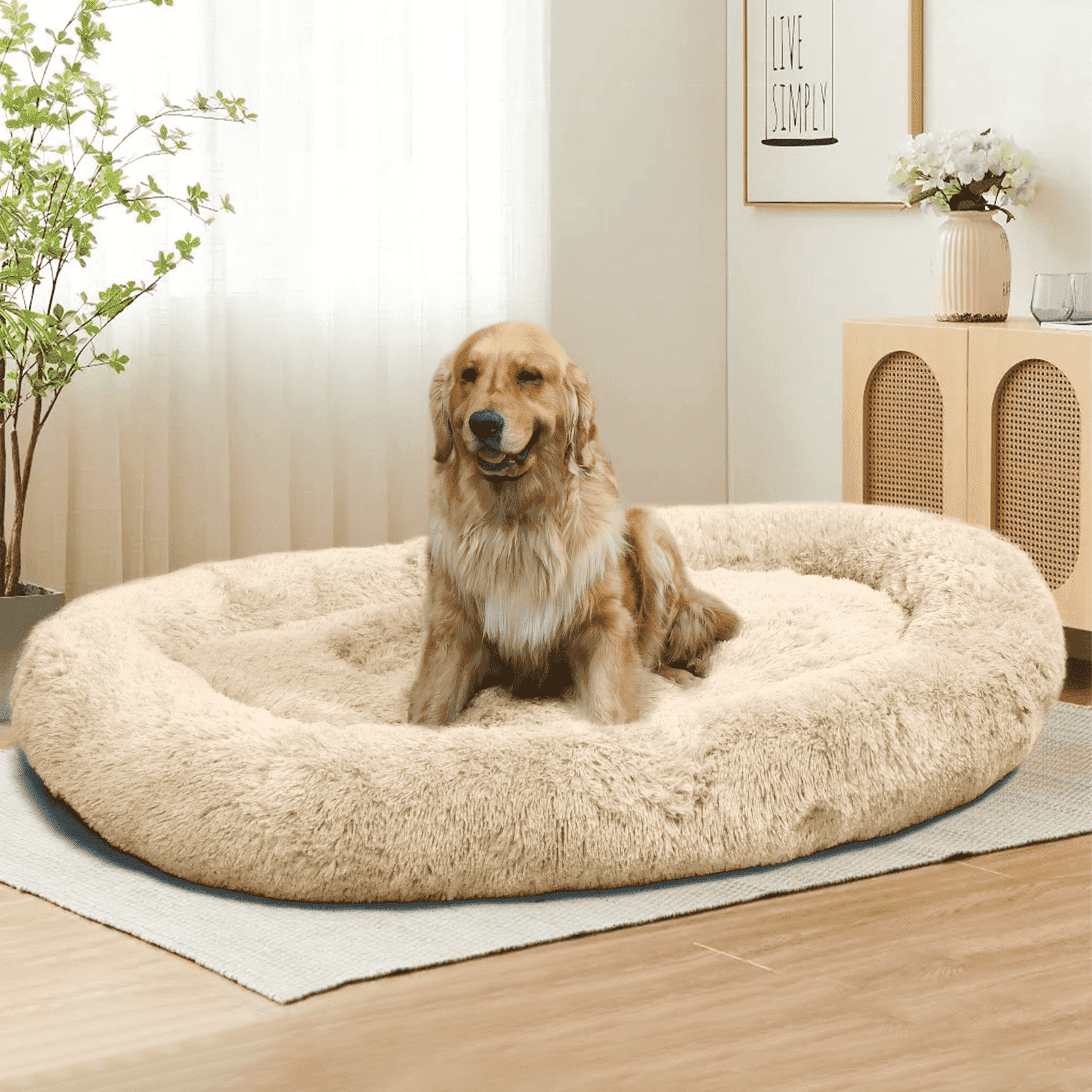 Extra Large 67" X 43" X 8" Orthopedic Pet Bed For Humans And Dogs, Plush High-Loft Mattress With Removable Handles & Non-Slip Bottom - Beige