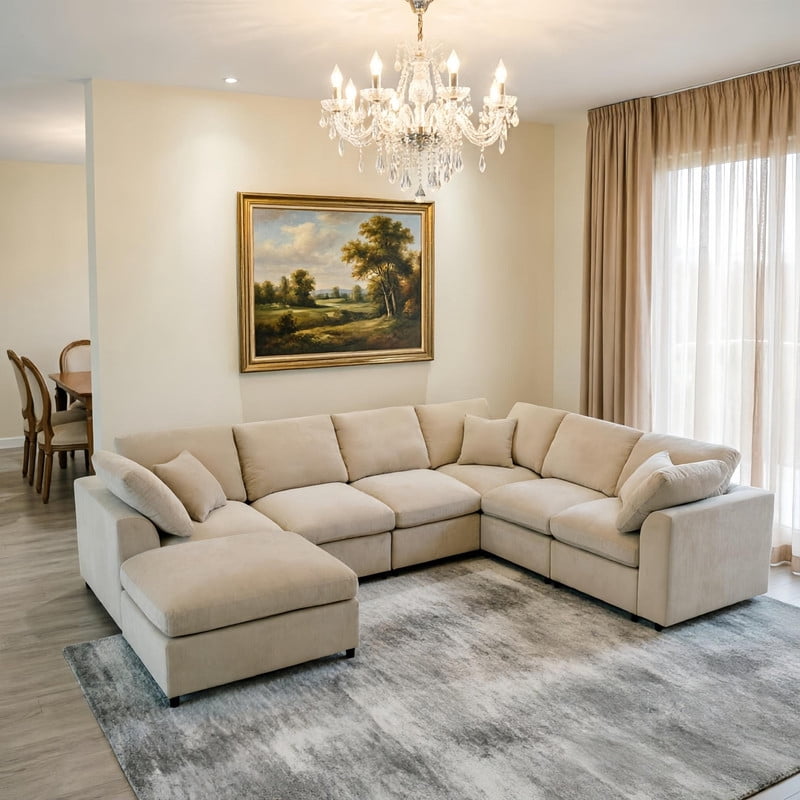 Extra Large 7-Piece Modular Solid Wood Frame Sectional Sofa Set w/ Movable Ottoman, L-Shaped Chenille Oversized Couch