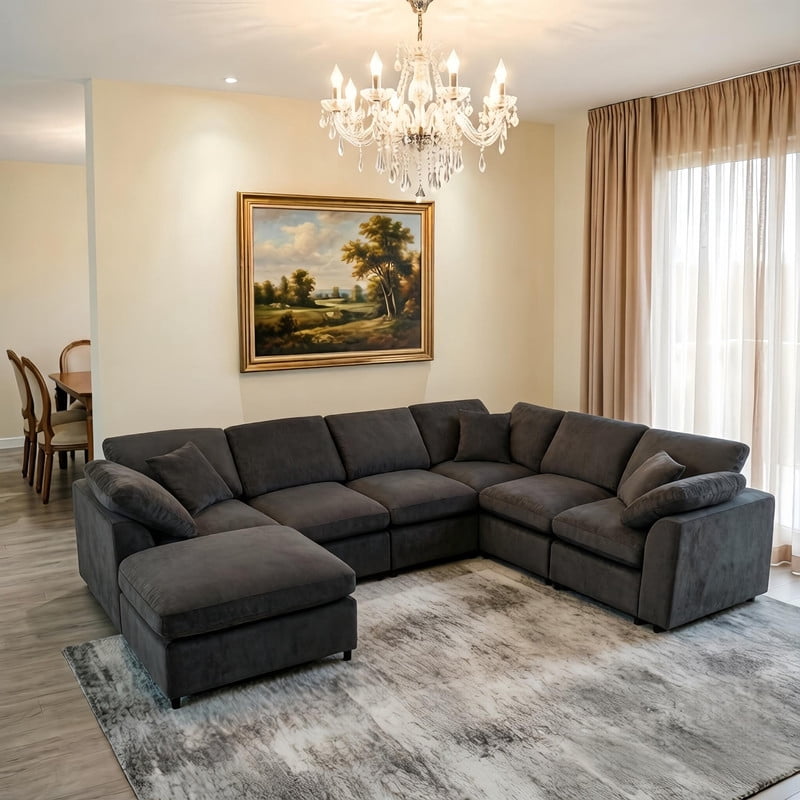 Extra Large 7-Piece Modular Solid Wood Frame Sectional Sofa Set w/ Movable Ottoman, L-Shaped Chenille Oversized Couch