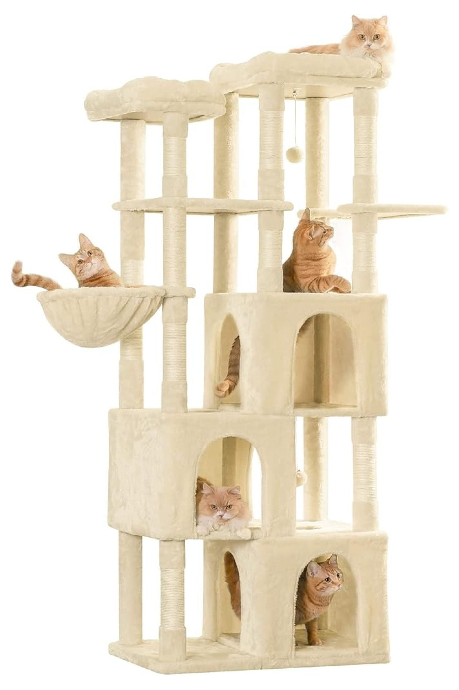 Extra Large - 70.1-Inch Tall Cat Tower with 3 Cat Condos, Multi-Level Cat St for Large Cats Featuring Scratching Posts, Padded Perches, Hammock, Dangling Toys, Beige