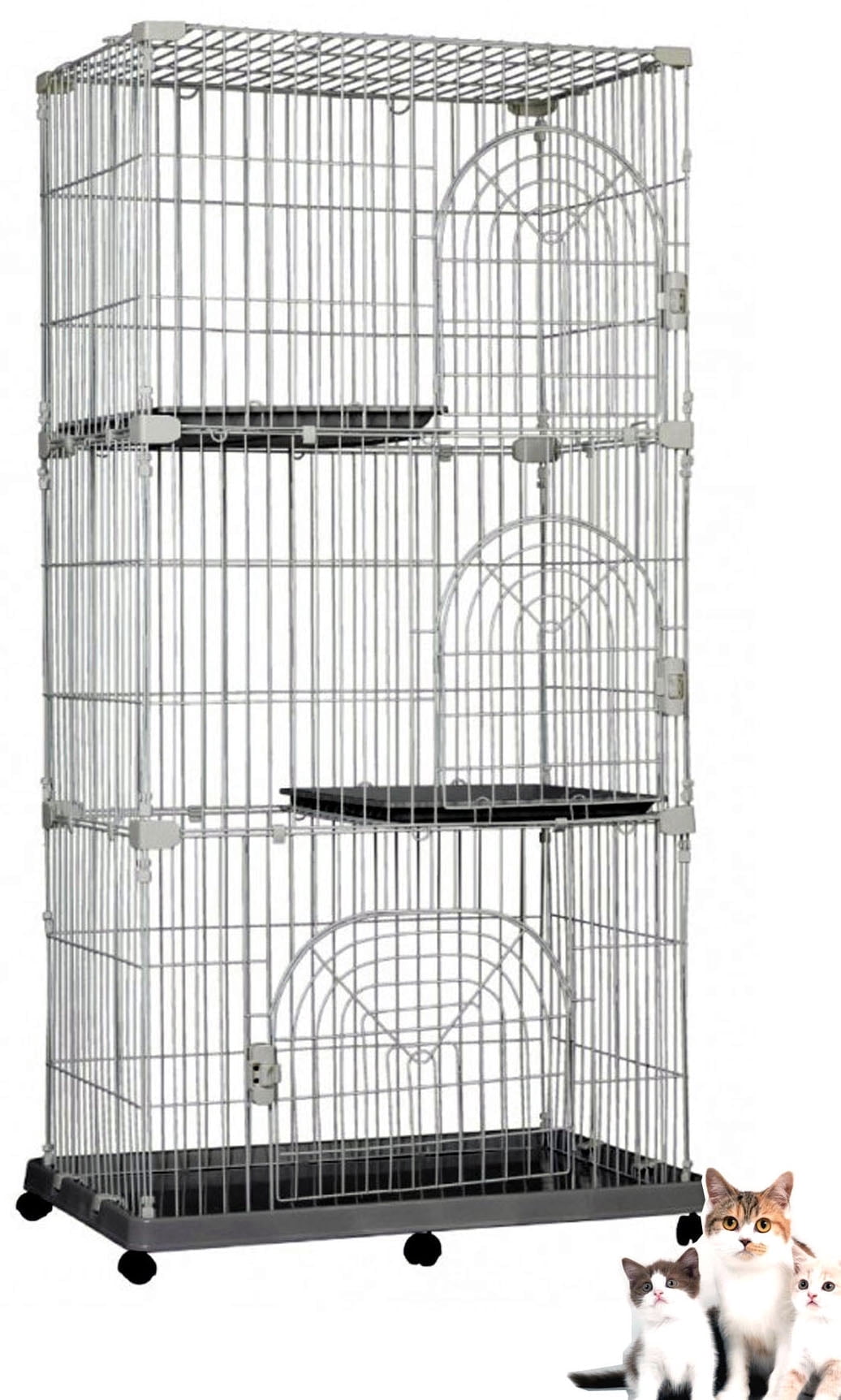 Extra Large 70" Deluxe and Durable 3-Tiers Indoor Outdoor Wire Pet Cat Kitten Kitty Cage Condo Crate Kennels Playpen Shelves Enclosure with Wheels