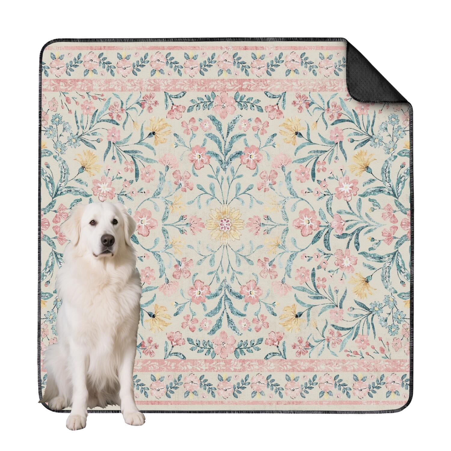 Extra Large 72x72 Inch Pet Mat Washable with Secure Hold Backing, Boho Style Reusable House Training Mat for Dog Crates and Floor Protection, Soft Whelping Pad