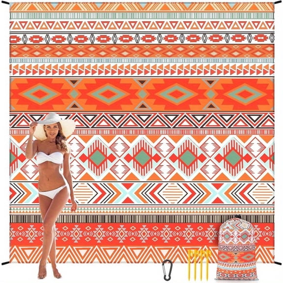Extra Large 79x83 Inch Beach Blanket - Waterproof, Sandproof, Quick-Dry with 4 Stakes & Carry Bag - for Beach, Camping, Picnics, Pool - Heavy-Duty Mat Fits 4-7 People, Portable & Stylish