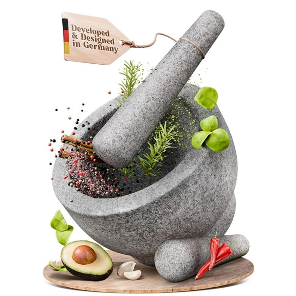 Extra Large 8 Inch 5 Cup-Capacity Mortar and Pestle Set - One Huge Mortar and Two Pestels: 8.5 inch and 6.5 inch - Unpolished Heavy Granite for Enhanced Performance and Organic Appearance