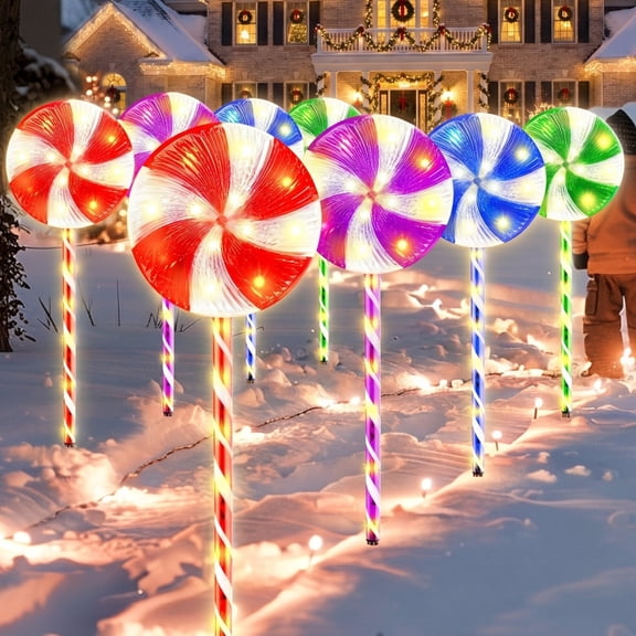 Extra Large 8PK 28inch 160LED 8 Modes Christmas Lollipop Pathway Light Up Outdoor Christmas Decorations Flickering Outdoor Lighted Candy Christmas Pathway Yard Front Door Light