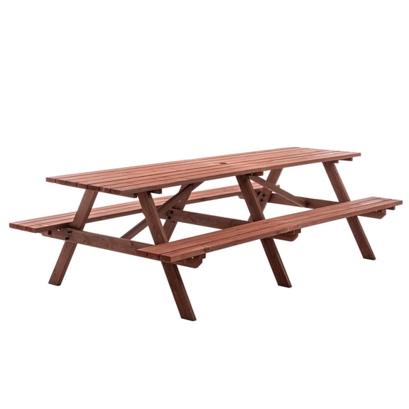 Extra Large 95-Inch (240cm) 12-Person Wooden Picnic Table Set with Benches & Umbrella Hole, Rustic Brown Heavy Duty Garden Furniture for Backyard Patio (Weather Resistant)