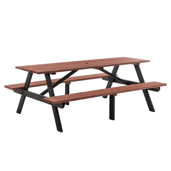 75-Inch (190cm) Wooden Picnic Table Set with Benches & Umbrella Hole, Heavy Duty Garden Furniture for Backyard Patio (Weather Resistant)