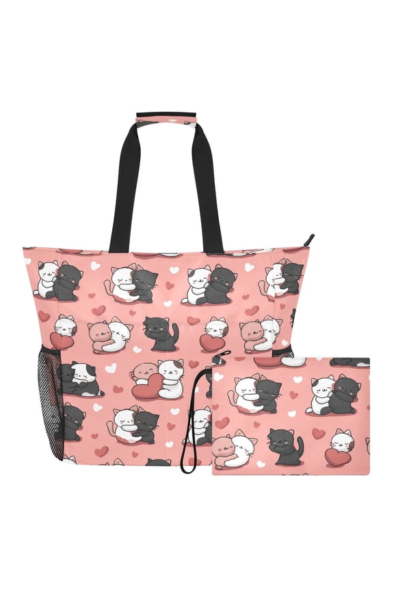 Extra Large A Loving Hug for The Cat Beach Bag for Women Waterproof Tote with Zipper Pockets