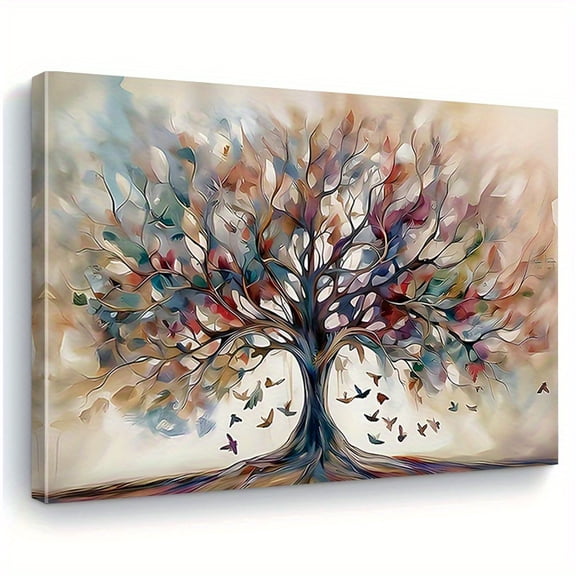 Extra Large Abstract Yggdrasil Tree of Life Canvas Print - Art Deco-Inspired Wall Art with Geometric Patterns, Vibrant Spring/Autumn Colors, Cedar Wood Frame - Horizontal Wall Decor for Living Room,