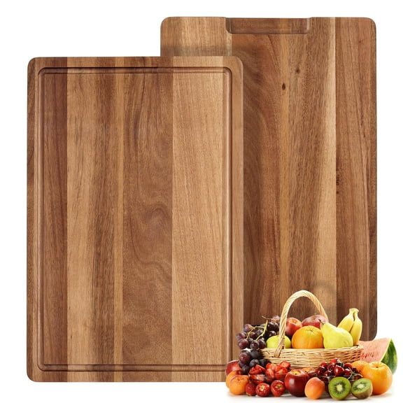 Extra Large Acacia Wood Cutting Board 18x12x1 Inch Reversible Butcher Block with Deep Juice Groove Pre-Oiled Wooden Chopping Board with Built-in Handles
