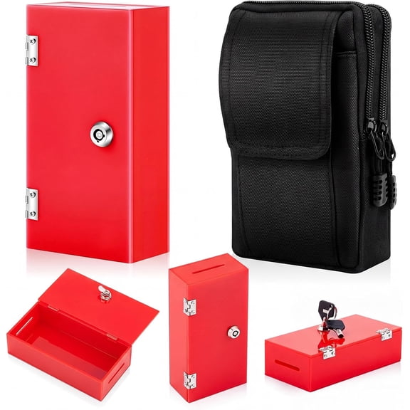 Extra Large Acrylic Box Winner's Bank Portable Cash Box with 2 Keys Pocket Size Large Capacity Waist Bag Casino Lock Bag Gift Storage Prevent Addiction (Red)