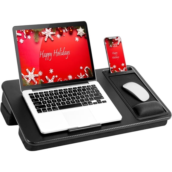 Extra Large Adjustable Lap Desk with Memory Foam Wrist Rest, Mouse Pad, Phone Holder, Device Ledge, and Booster Cushion - Black Carbon - Fits up to 17.3 Inch Laptops