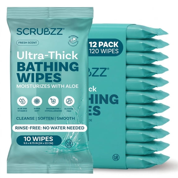 Extra Large Adult Bathing Wipes - Disposable Body Cleansing Wipes for Men, Women & Elderly - Great for Gym, Camping, Post Surgery - No Rinse Shower Bath Wipes - Fresh Scent, 120 Count