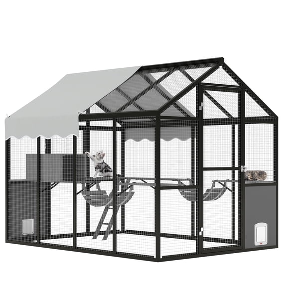 Extra Large Aluminum Walk-in Catio Enclosure, Outdoor Multi-Cat Run with UV-Proof Cover, Side Door, Channels & Platform, Spacious Outdoor Cat Playpen