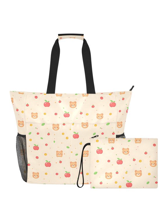 Extra Large Apple Bear Beach Bag for Women Waterproof Tote with Zipper Pockets
