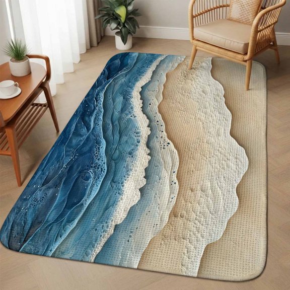 Extra Large Area Rug 63"x90.6", Blue Beach Coastal Absorbent Non Slip Indoor Outdoor Carpet, Nautical Seaside Ocean Beige Low Profile Floor Rug for Home Living Room Dining Room Bedroom Family