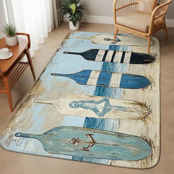 Extra Large Area Rug 63"x90.6", Blue Coastal Absorbent Non Slip Indoor Outdoor Carpet, Ocean Nautical Anchor Wood Barn Beach Low Profile Floor Rug for Home Living Room Dining Room Bedroom Family