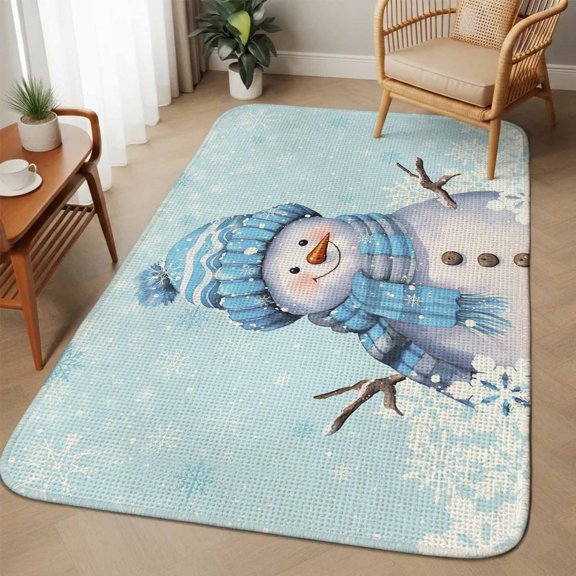 Extra Large Area Rug 63"x90.6", Blue Snowman Christmas Absorbent Non Slip Indoor Outdoor Carpet, Snowflake Xmas Winter Low Profile Floor Rug for Home Living Room Dining Room Bedroom Family