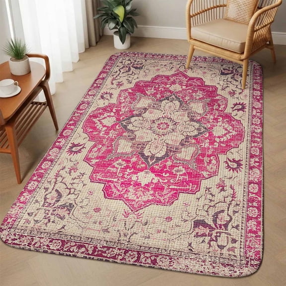 Extra Large Area Rug 63"x90.6",Boho Pink Absorbent Non Slip Indoor Outdoor Carpet,Middle Century Boho Geometric Abstract Southwestern Low Profile Floor Rug for Living Room Dining Room Bedroom Family