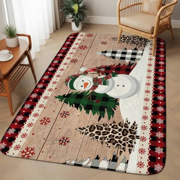 Extra Large Area Rug 63"x90.6", Christmas Snowman Absorbent Non Slip Indoor Outdoor Carpet, Vintage Xmas Tree Snowflake Low Profile Floor Rug for Home Living Room Dining Room Bedroom Family