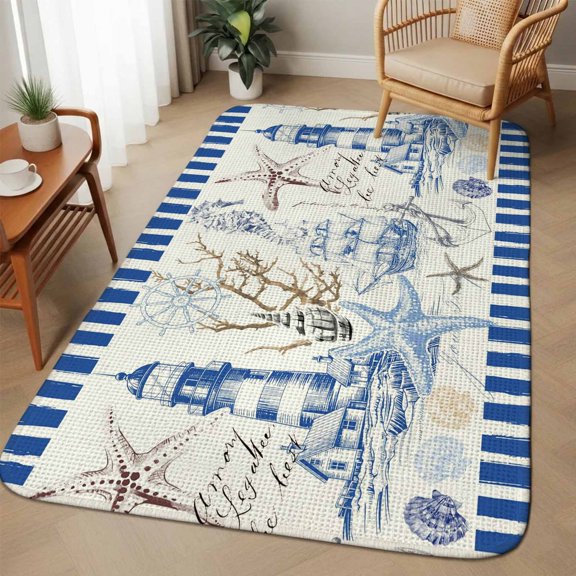 Extra Large Area Rug 63"x90.6",Coastal Blue Absorbent Non Slip Indoor Outdoor Carpet,Ocean Nautical Lighthouse Starfish Anchor Low Profile Floor Rug for Home Living Room Dining Room Bedroom Family