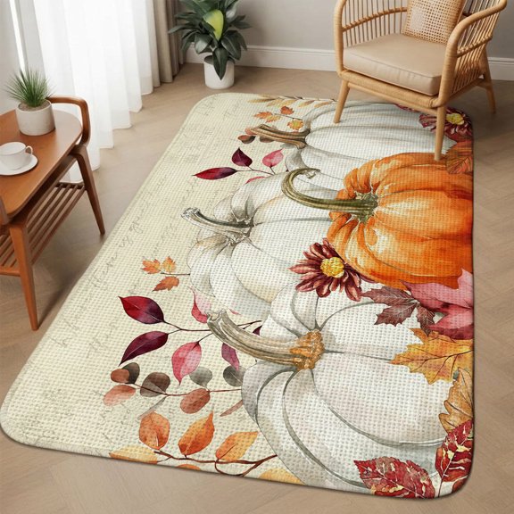 Extra Large Area Rug 63"x90.6",Fall White Pumpkin Absorbent Non Slip Indoor Outdoor Carpet,Thanksgiving Orange Leaves Country Low Profile Floor Rug for Home Living Room Dining Room Bedroom Family