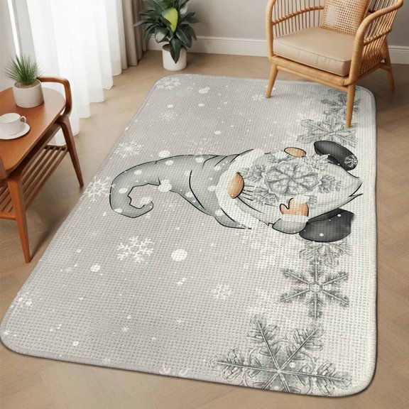 Extra Large Area Rug 63"x90.6",Grey Gnomes Christmas Absorbent Non Slip Indoor Outdoor Carpet,Gray Xmas Snowflake Winter Rustic Low Profile Floor Rug for Home Living Room Dining Room Bedroom Family