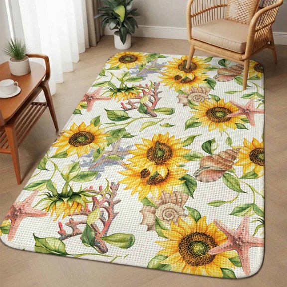 Extra Large Area Rug 63"x90.6", Sunflower Coastal Absorbent Non Slip Indoor Outdoor Carpet, Summer Botanical Starfish Coral Low Profile Floor Rug for Home Living Room Dining Room Bedroom Family