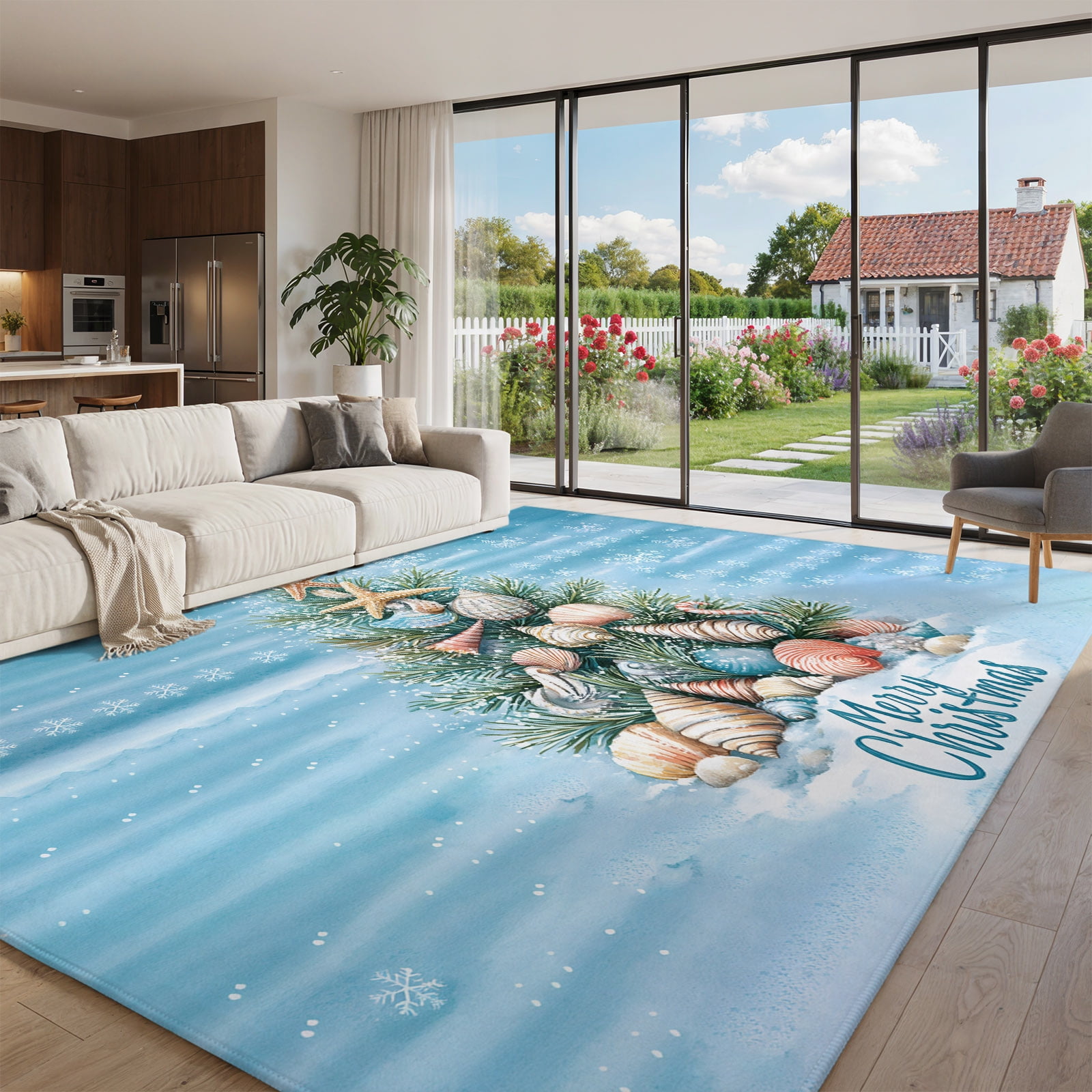 Conch Shell Fod Extra Large Area Rug 8x10ft,Blue Coastal Christmas Non Slip Floor ...