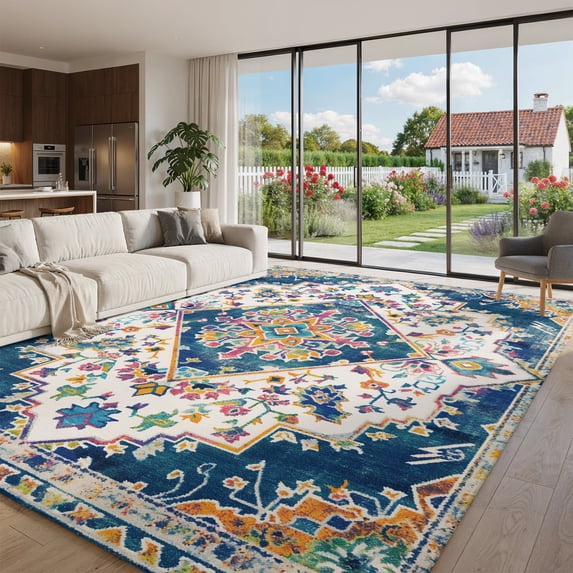Extra Large Area Rug 8x10ft, Navy Blue Yellow Non Slip Floor Carpet Mat ...