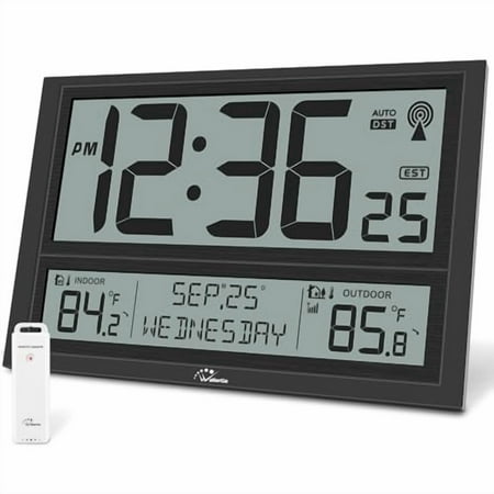 Extra Large Atomic Clock with Indoor Outdoor Temperature, Ultra Clear 4.5'' Numbers Display with Auto DST, 4 Time Zones, Date and Day Display, Battery Operated