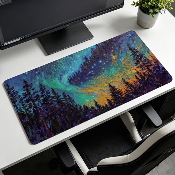 Extra Large Aurora Borealis Night Forest Oil Painting Mouse Pad,Non Slip Rubber Pad,Desktop Decoration Drotection Pad,Washable,Lock Edge Multi Size,Premium Multipurpose Mousepad