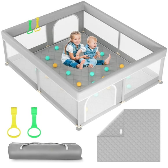 71"x59" Baby Play Yard with Mat, Sturdy Safety Playpen for Babies & Toddlers, Breathable Mesh, Quick Setup, Gray