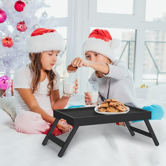 Extra Large Bamboo Bed Tray Table with Folding Legs - Black Breakfast Serving Tray for Laptop TV Reading Snacks Ergonomic Design for Bedroom Kitchen Sofa