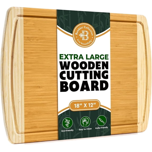 Extra Large Bamboo Cutting board for Kitchen - With Juice Grooves, (Wide and Thick 18"x12")